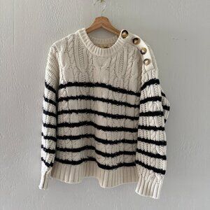 Sézane James Jumper | Ecru & Navy Striped Merino Wool Cable Knit Sweater